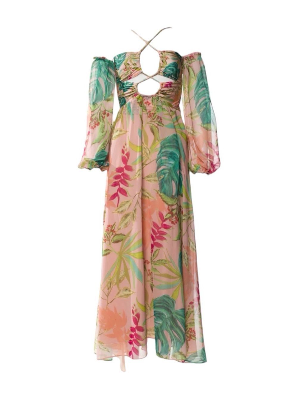 PatBO Pink Floral Off-Shoulder Maxi with Puff Sleeves